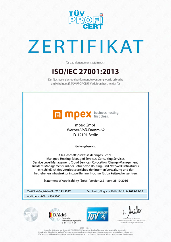 Urkunde unserer Zertifizierung nach ISO 27001:2013