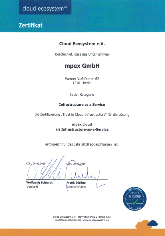 Zertifikat des Cloud Ecosystem e.V. Trust in Cloud Infrastructure