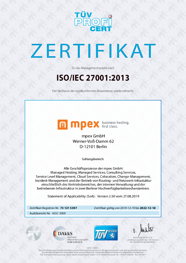 Urkunde mpex Zertifizierung nach ISO 27001:2013