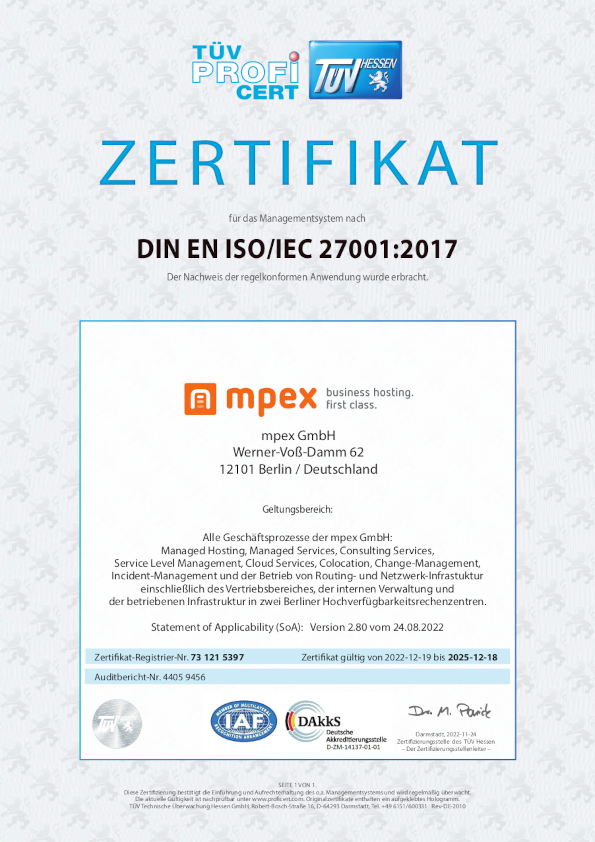 Urkunde mpex Zertifizierung nach ISO 27001:2017