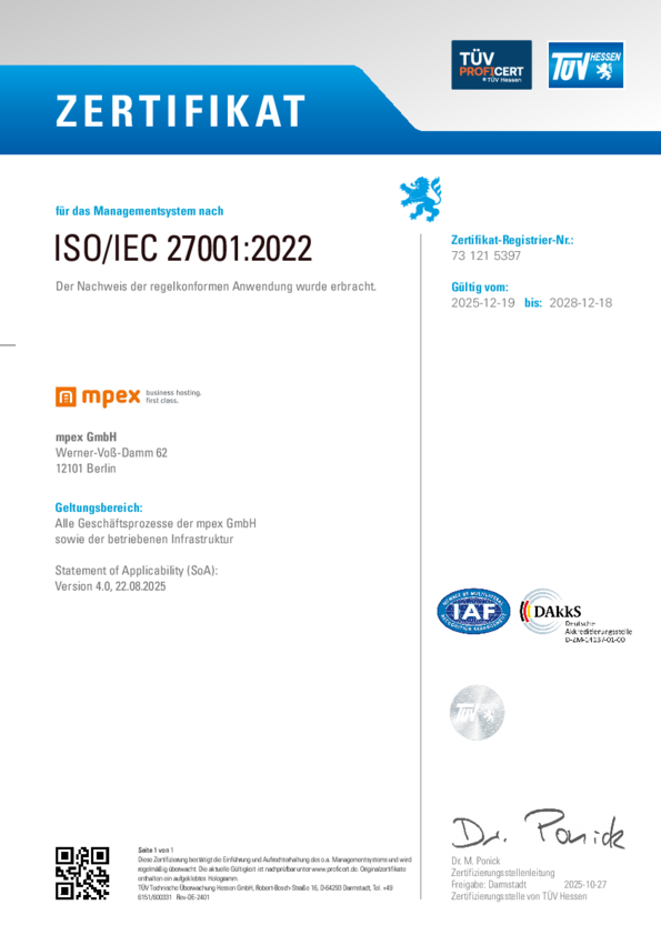 Urkunde mpex Zertifizierung nach ISO 27001:2022